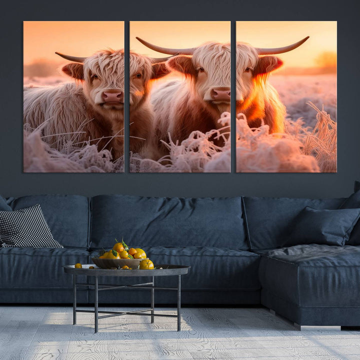 Scottish Cow and Baby Cow Canvas Wall Art Animal Print Fluffy Cattle Framed Farmhouse Decor