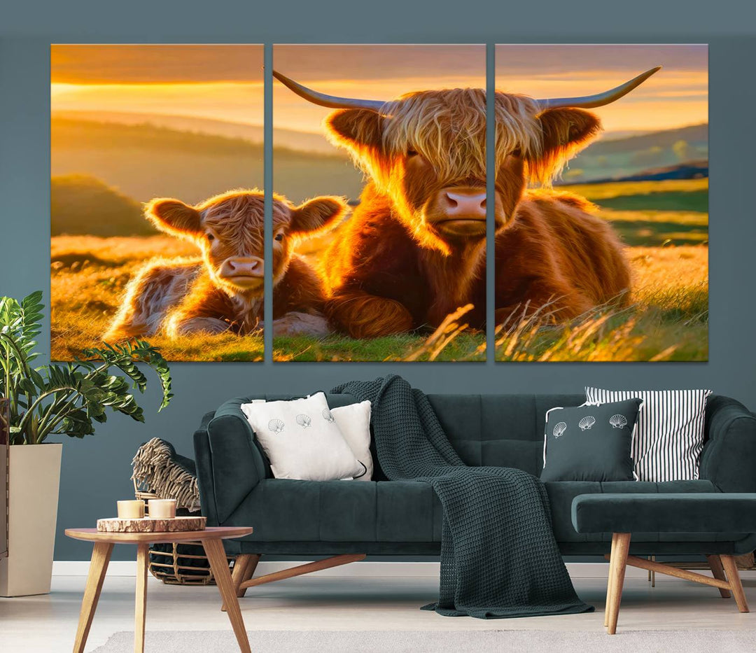 Scottish Cow and Baby Cow Canvas Wall Art Animal Print Fluffy Cattle Framed Farmhouse Decor