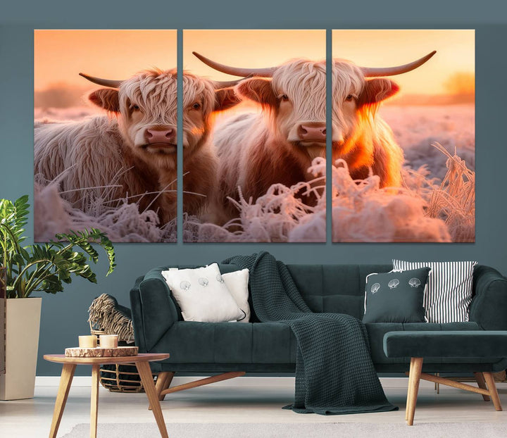 Scottish Cow and Baby Cow Canvas Wall Art Animal Print Fluffy Cattle Framed Farmhouse Decor