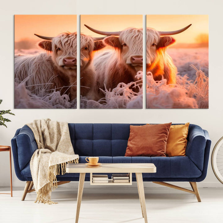 Scottish Cow and Baby Cow Canvas Wall Art Animal Print Fluffy Cattle Framed Farmhouse Decor