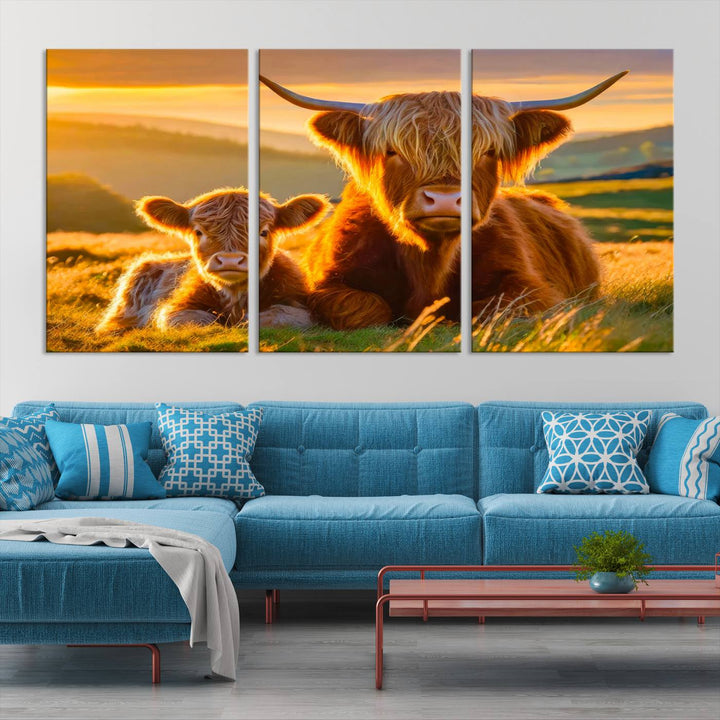 Scottish Cow and Baby Cow Canvas Wall Art Animal Print Fluffy Cattle Framed Farmhouse Decor