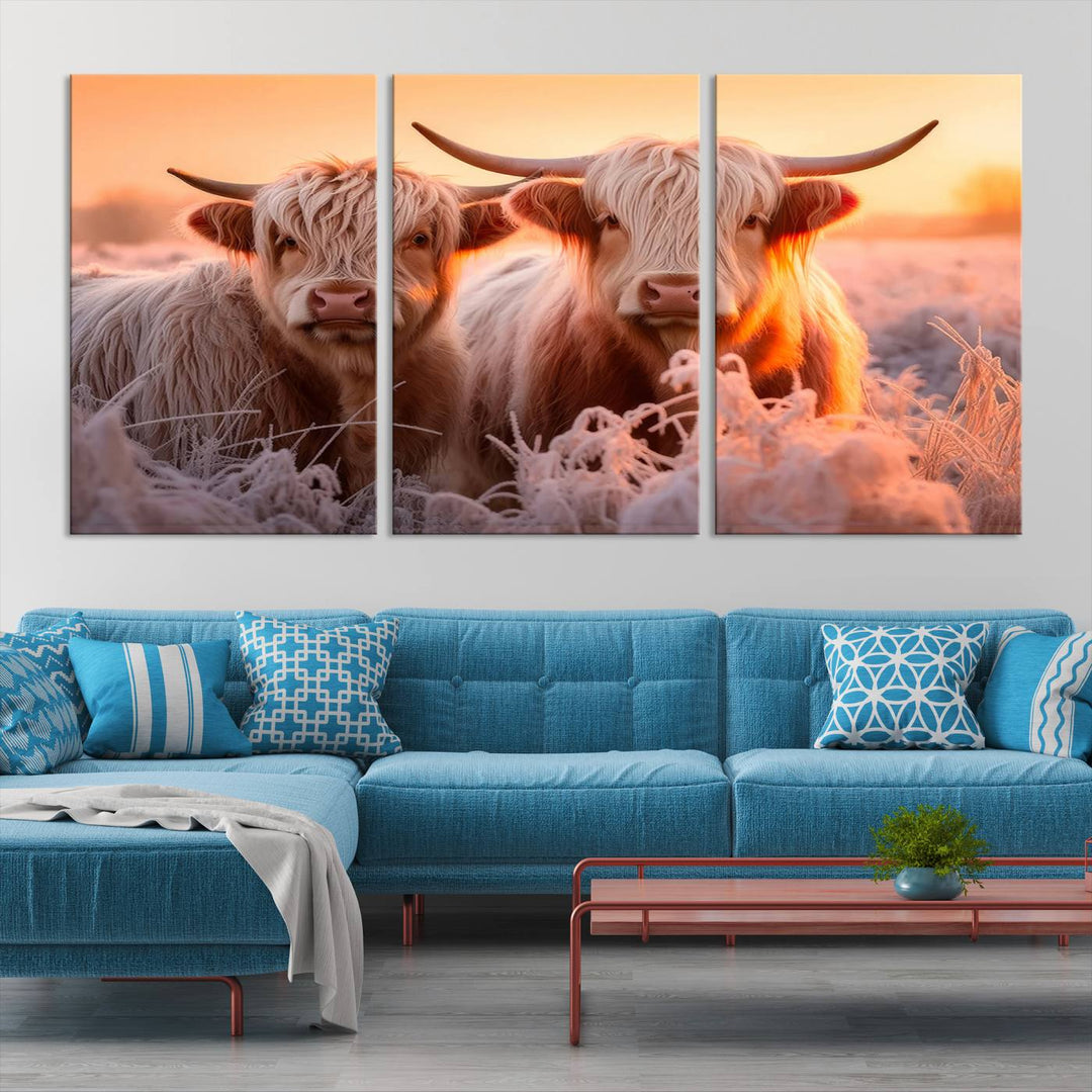 Scottish Cow and Baby Cow Canvas Wall Art Animal Print Fluffy Cattle Framed Farmhouse Decor