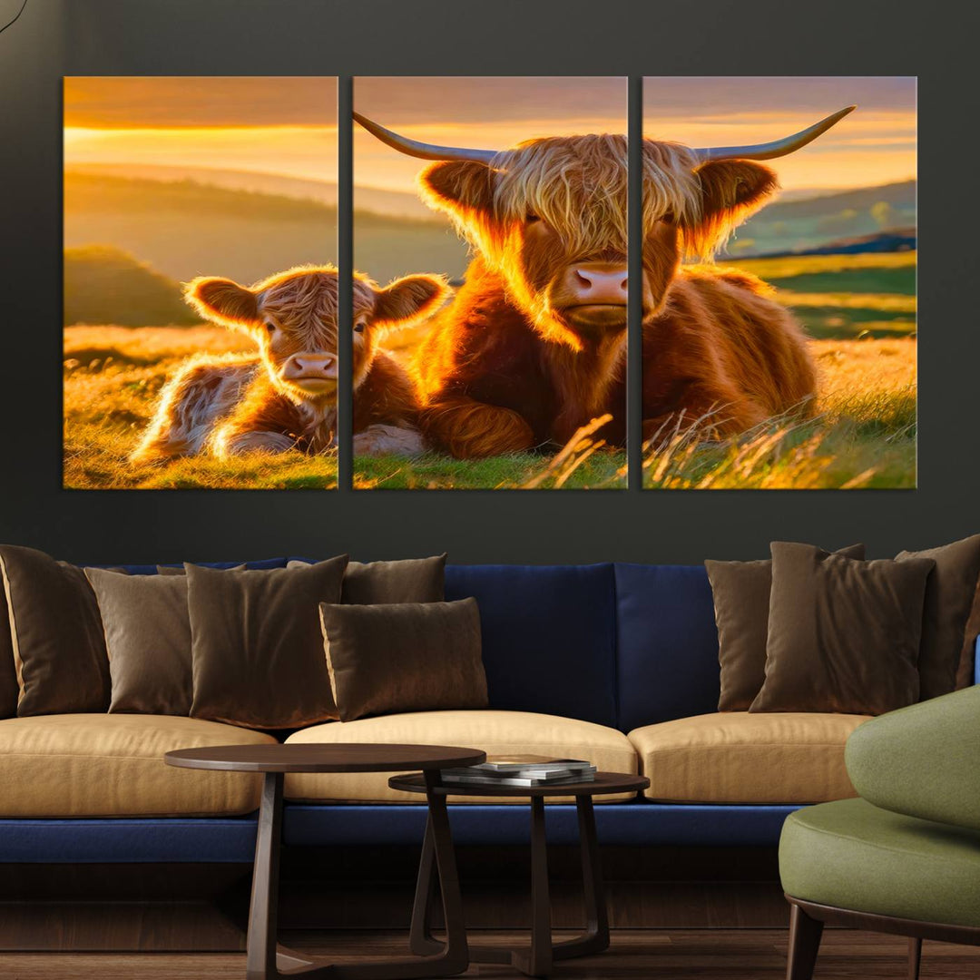 Scottish Cow and Baby Cow Canvas Wall Art Animal Print Fluffy Cattle Framed Farmhouse Decor