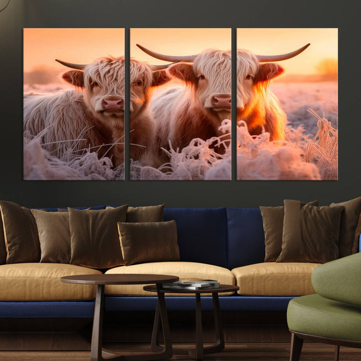 Scottish Cow and Baby Cow Canvas Wall Art Animal Print Fluffy Cattle Framed Farmhouse Decor