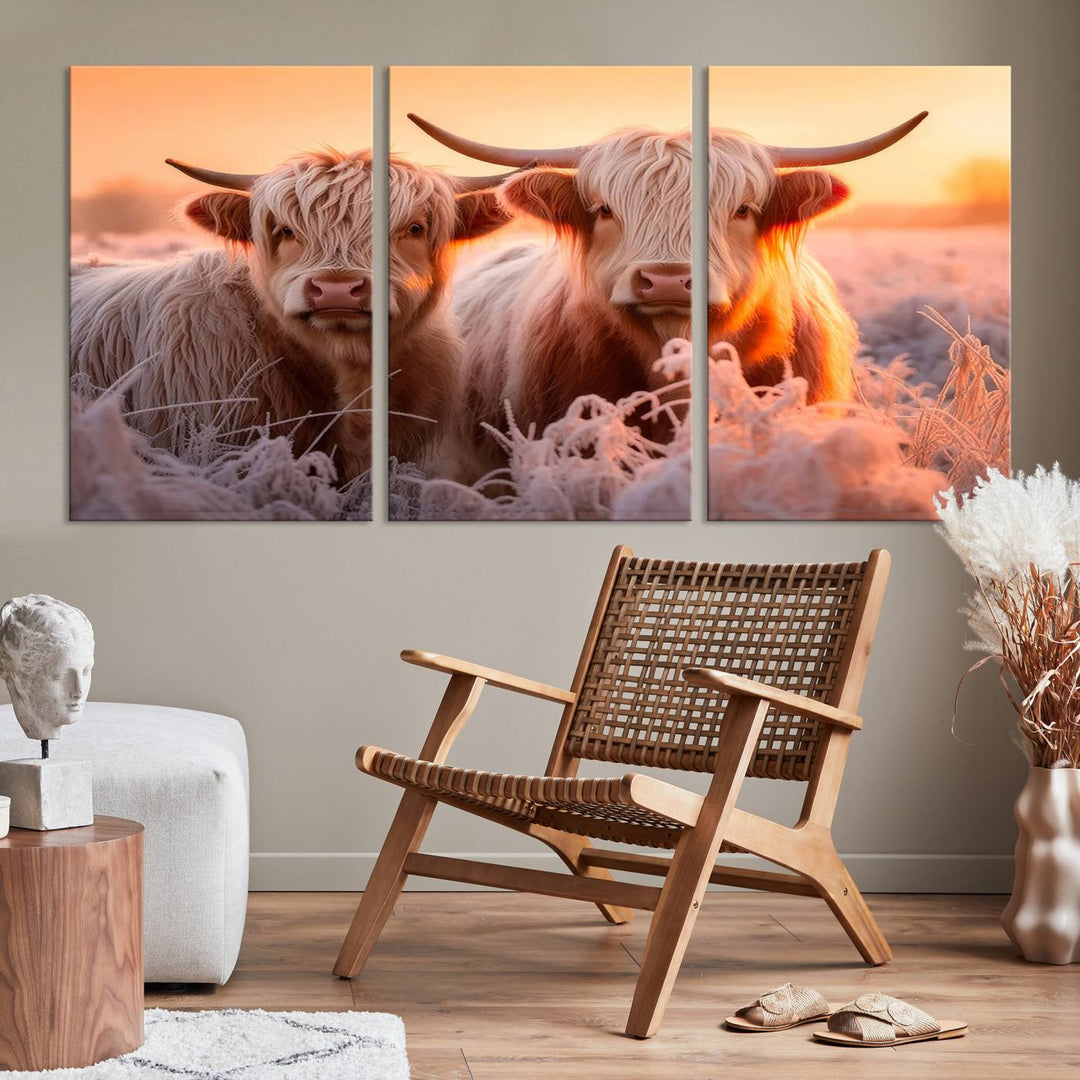 Scottish Cow and Baby Cow Canvas Wall Art Animal Print Fluffy Cattle Framed Farmhouse Decor