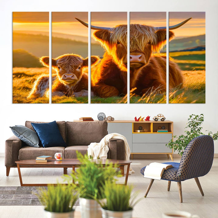 Scottish Cow and Baby Cow Canvas Wall Art Animal Print Fluffy Cattle Framed Farmhouse Decor