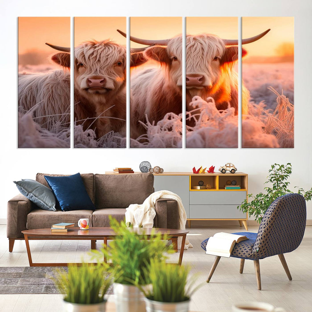 Scottish Cow and Baby Cow Canvas Wall Art Animal Print Fluffy Cattle Framed Farmhouse Decor