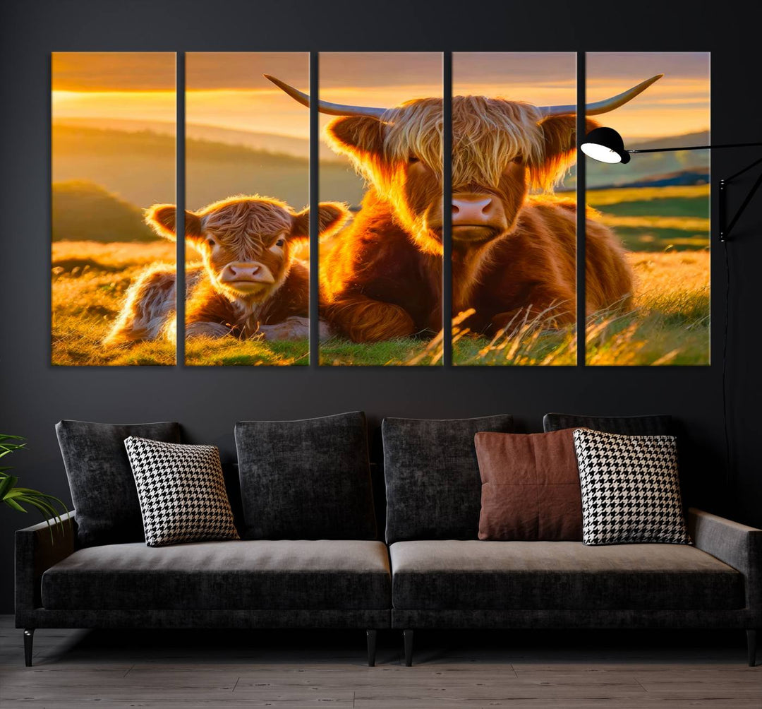 Scottish Cow and Baby Cow Canvas Wall Art Animal Print Fluffy Cattle Framed Farmhouse Decor