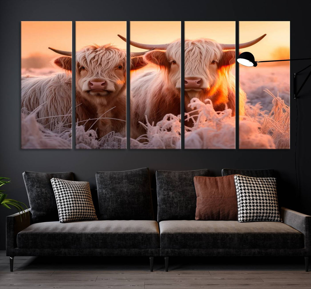 Scottish Cow and Baby Cow Canvas Wall Art Animal Print Fluffy Cattle Framed Farmhouse Decor