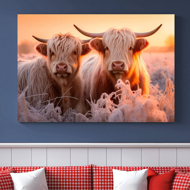 Scottish Cow and Baby Cow Canvas Wall Art Animal Print Fluffy Cattle Framed Farmhouse Decor