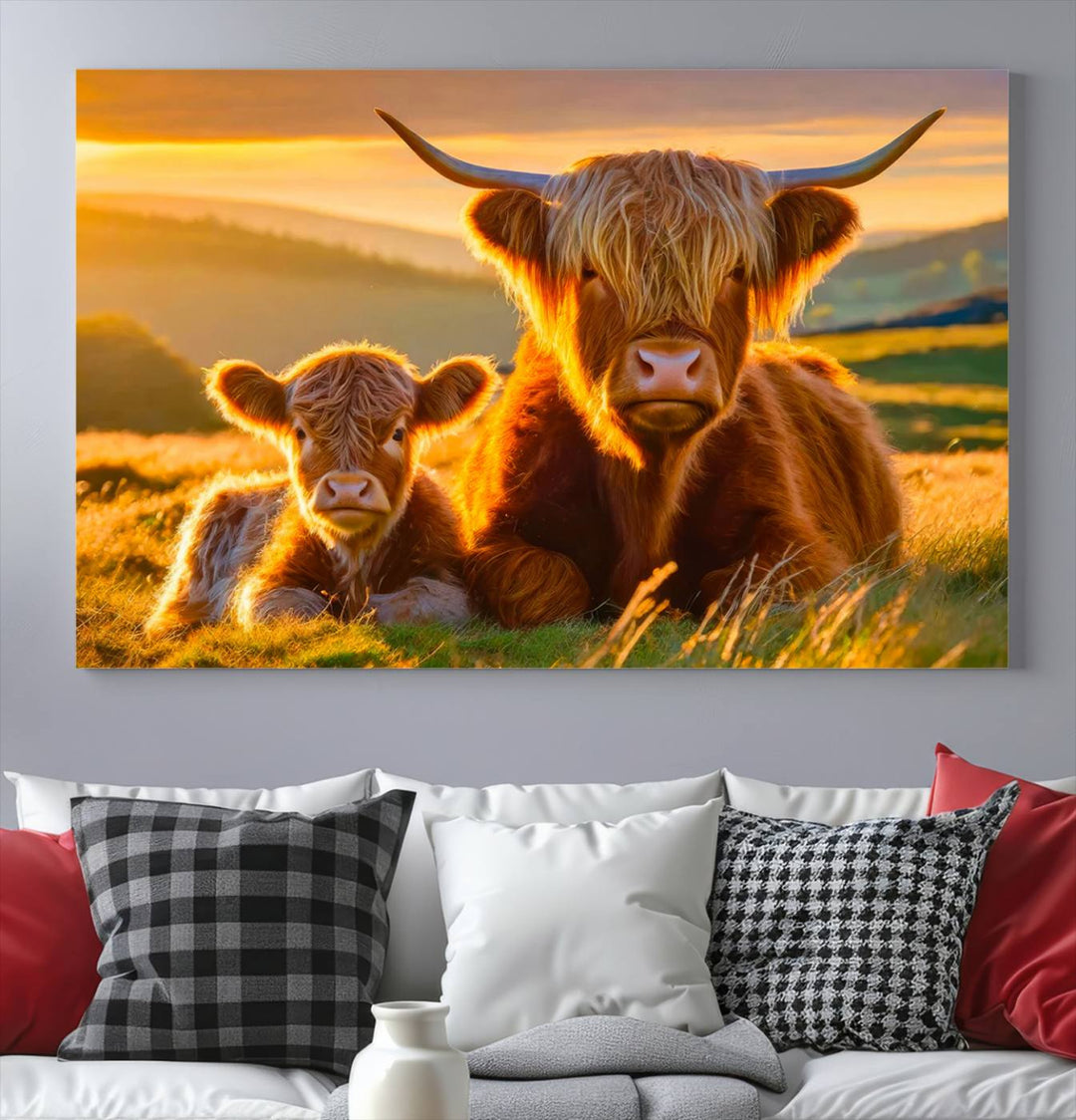 Scottish Cow and Baby Cow Canvas Wall Art Animal Print Fluffy Cattle Framed Farmhouse Decor