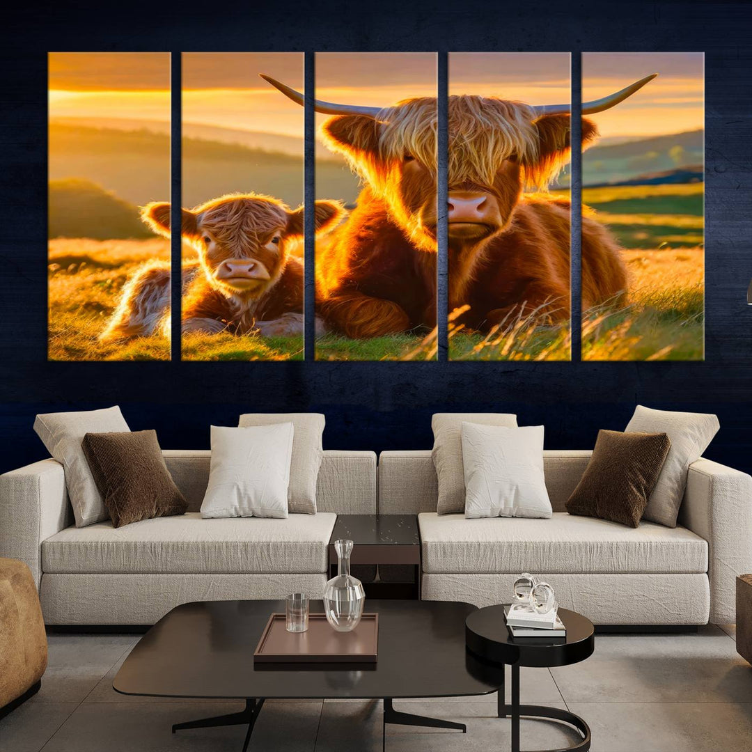 Scottish Cow and Baby Cow Canvas Wall Art Animal Print Fluffy Cattle Framed Farmhouse Decor