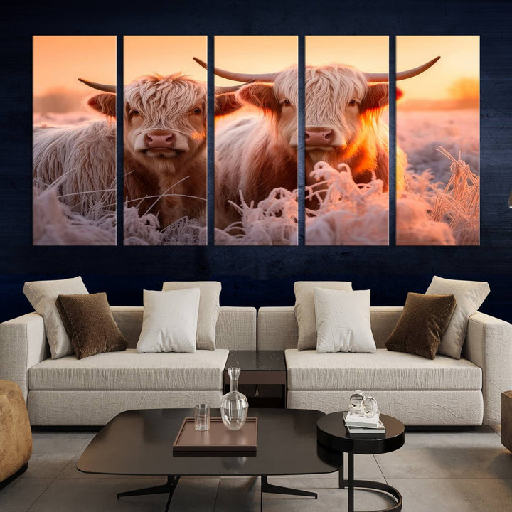 Scottish Cow and Baby Cow Canvas Wall Art Animal Print Fluffy Cattle Framed Farmhouse Decor