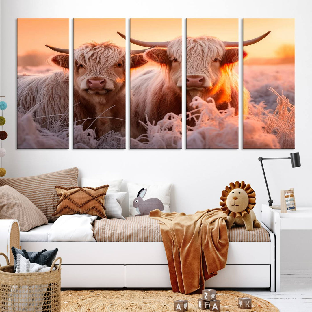 Scottish Cow and Baby Cow Canvas Wall Art Animal Print Fluffy Cattle Framed Farmhouse Decor