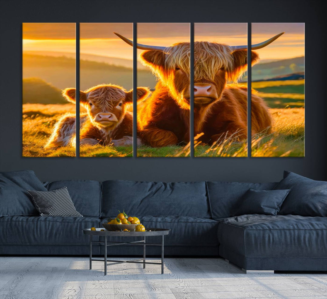 Scottish Cow and Baby Cow Canvas Wall Art Animal Print Fluffy Cattle Framed Farmhouse Decor