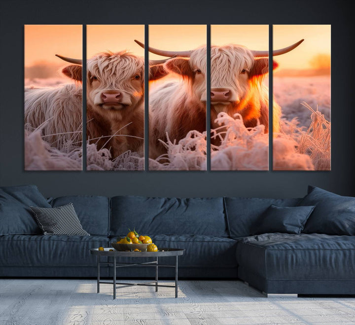 Scottish Cow and Baby Cow Canvas Wall Art Animal Print Fluffy Cattle Framed Farmhouse Decor