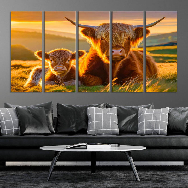 Scottish Cow and Baby Cow Canvas Wall Art Animal Print Fluffy Cattle Framed Farmhouse Decor