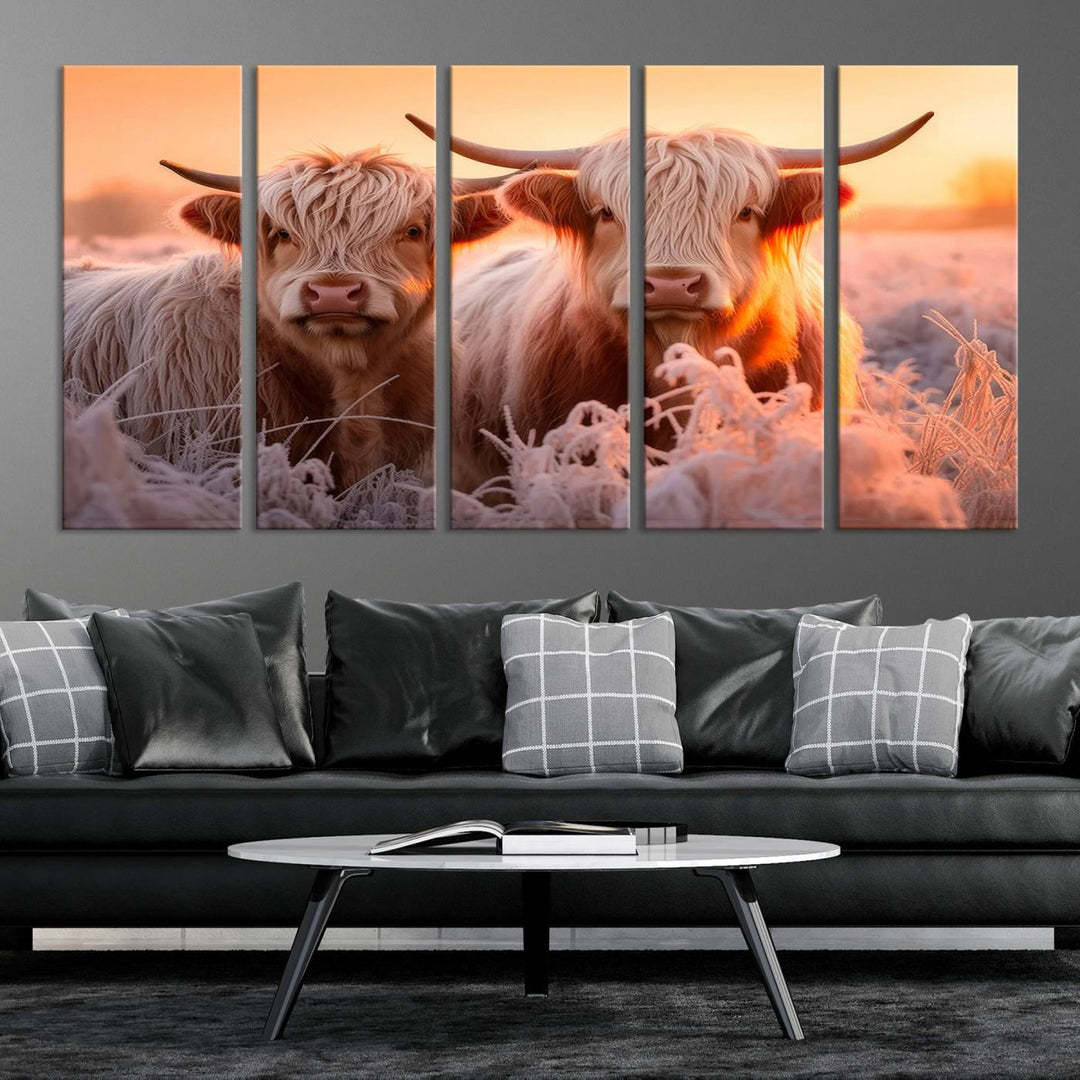 Scottish Cow and Baby Cow Canvas Wall Art Animal Print Fluffy Cattle Framed Farmhouse Decor