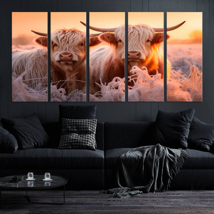 Scottish Cow and Baby Cow Canvas Wall Art Animal Print Fluffy Cattle Framed Farmhouse Decor