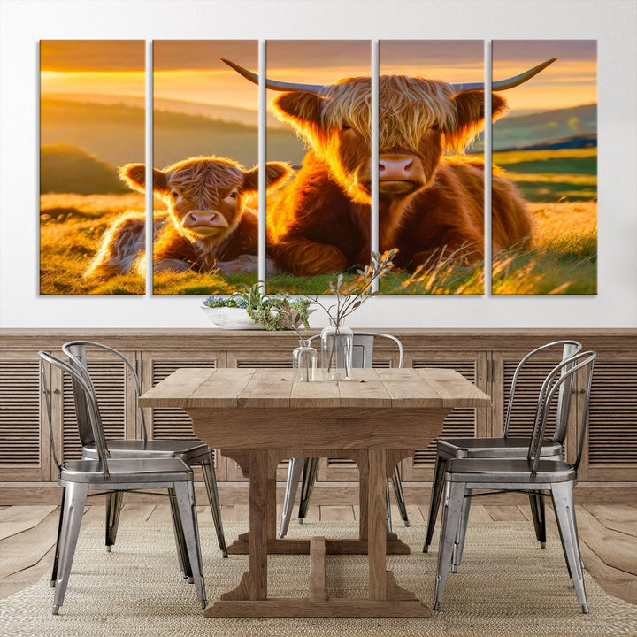 Scottish Cow and Baby Cow Canvas Wall Art Animal Print Fluffy Cattle Framed Farmhouse Decor