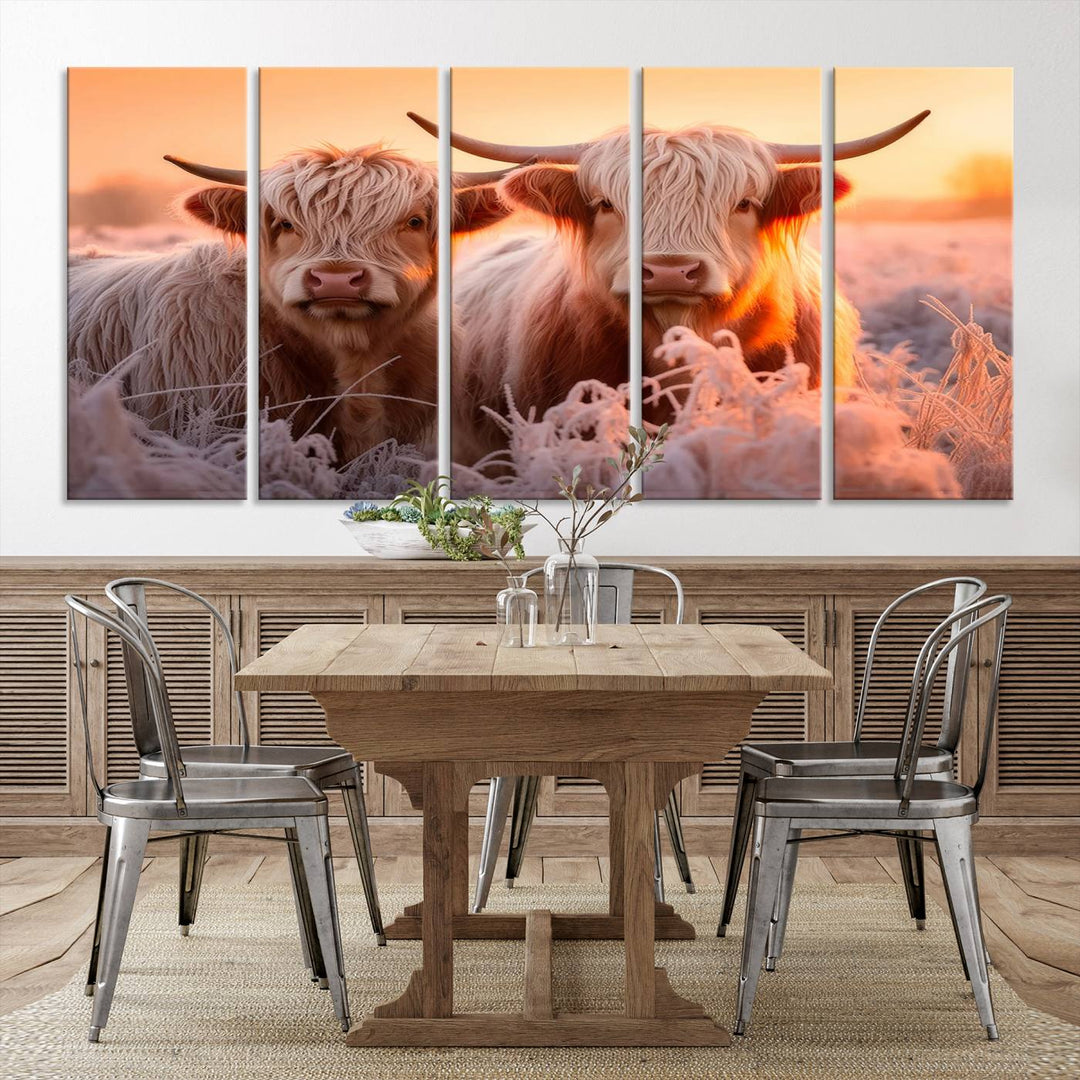 Scottish Cow and Baby Cow Canvas Wall Art Animal Print Fluffy Cattle Framed Farmhouse Decor