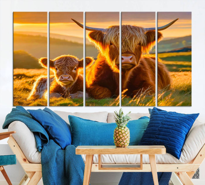 Scottish Cow and Baby Cow Canvas Wall Art Animal Print Fluffy Cattle Framed Farmhouse Decor