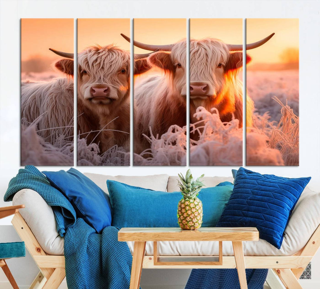 Scottish Cow and Baby Cow Canvas Wall Art Animal Print Fluffy Cattle Framed Farmhouse Decor