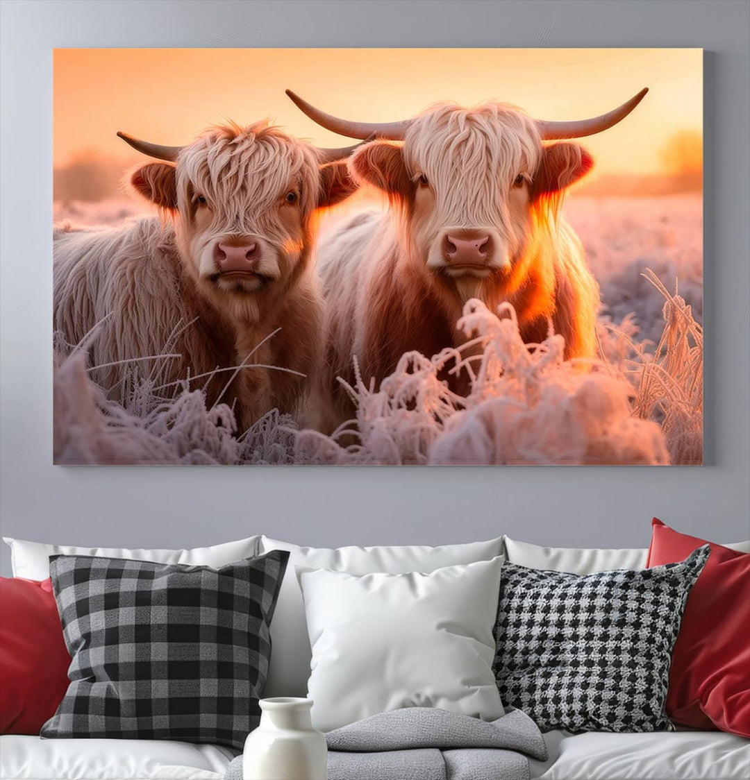 Scottish Cow and Baby Cow Canvas Wall Art Animal Print Fluffy Cattle Framed Farmhouse Decor