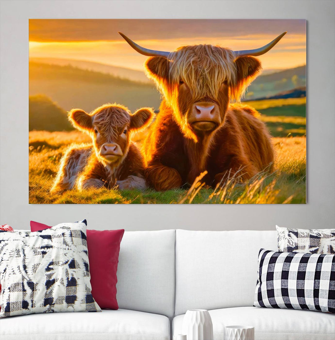 Scottish Cow and Baby Cow Canvas Wall Art Animal Print Fluffy Cattle Framed Farmhouse Decor