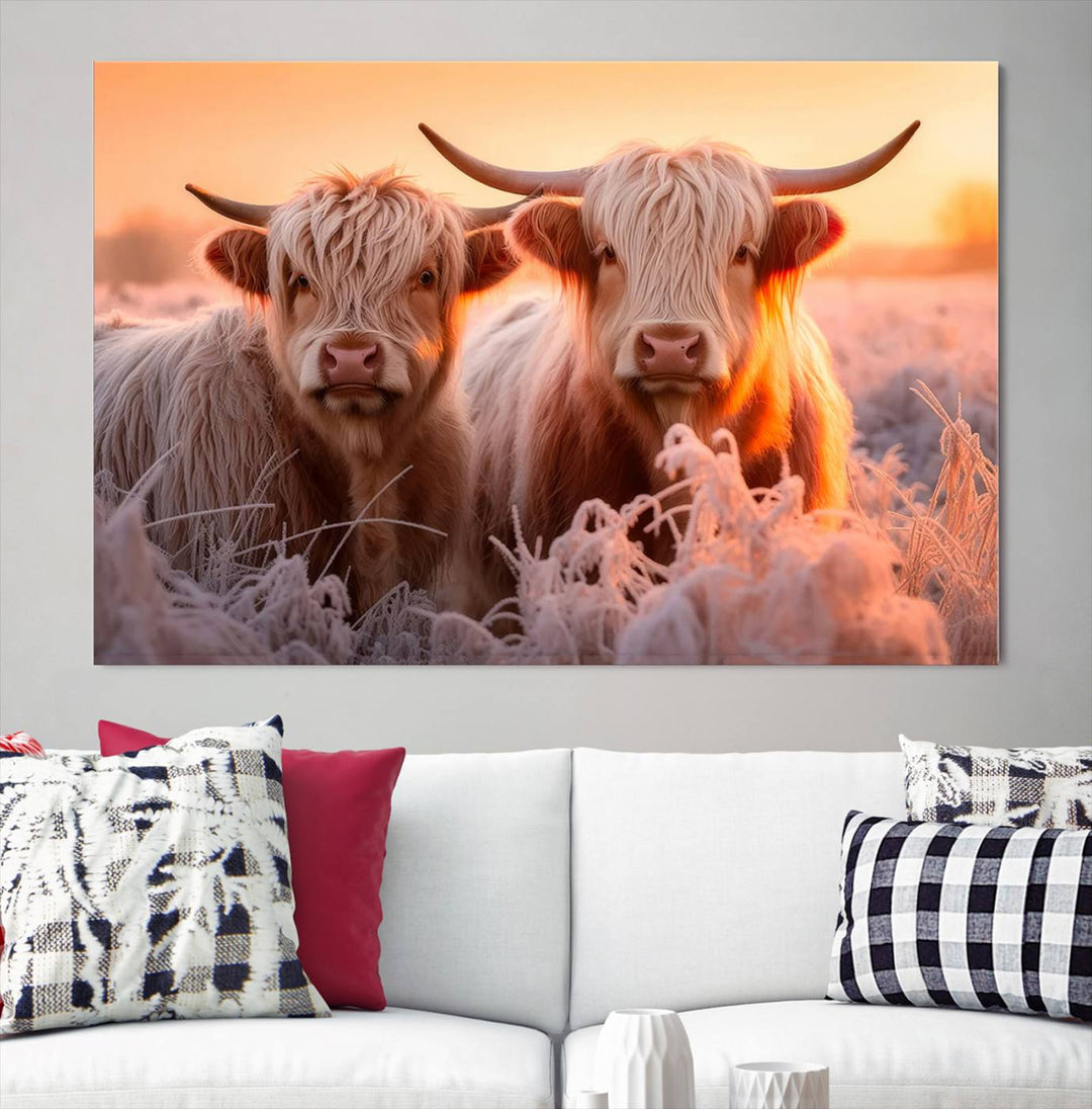 Scottish Cow and Baby Cow Canvas Wall Art Animal Print Fluffy Cattle Framed Farmhouse Decor