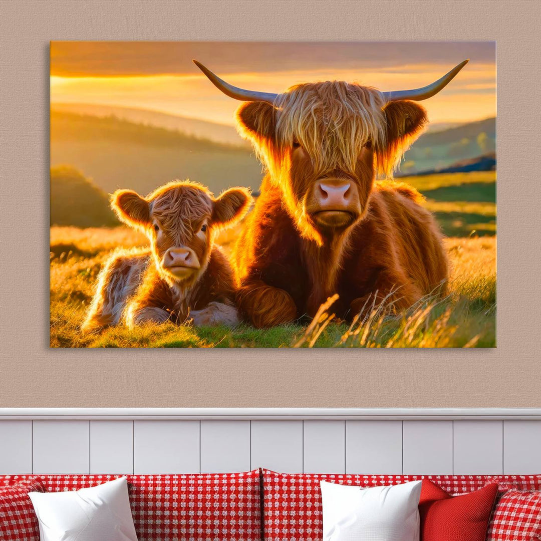 Scottish Cow and Baby Cow Canvas Wall Art Animal Print Fluffy Cattle Framed Farmhouse Decor