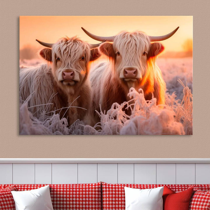 Scottish Cow and Baby Cow Canvas Wall Art Animal Print Fluffy Cattle Framed Farmhouse Decor