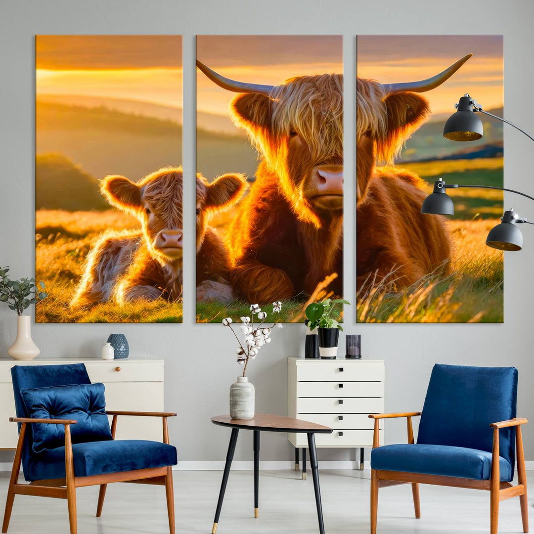 Scottish Cow and Baby Cow Canvas Wall Art Animal Print Fluffy Cattle Framed Farmhouse Decor