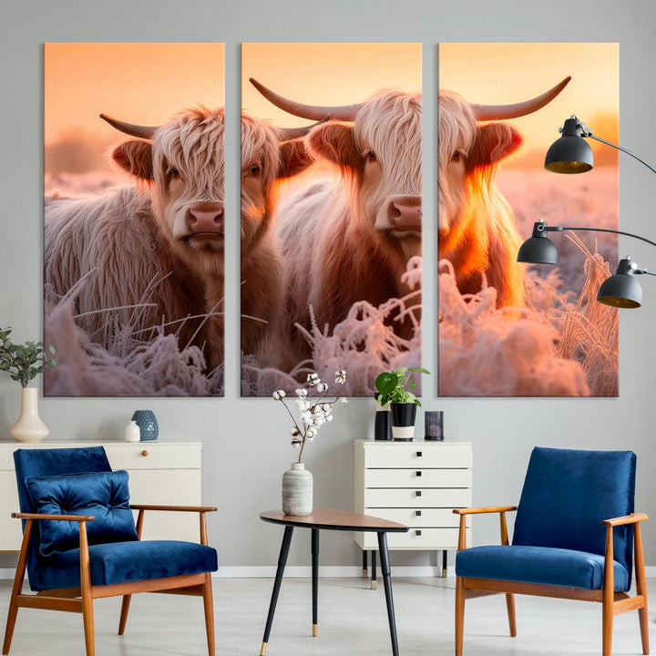 Scottish Cow and Baby Cow Canvas Wall Art Animal Print Fluffy Cattle Framed Farmhouse Decor