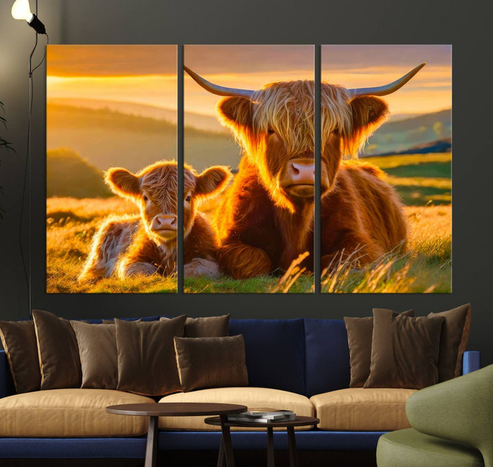 Scottish Cow and Baby Cow Canvas Wall Art Animal Print Fluffy Cattle Framed Farmhouse Decor