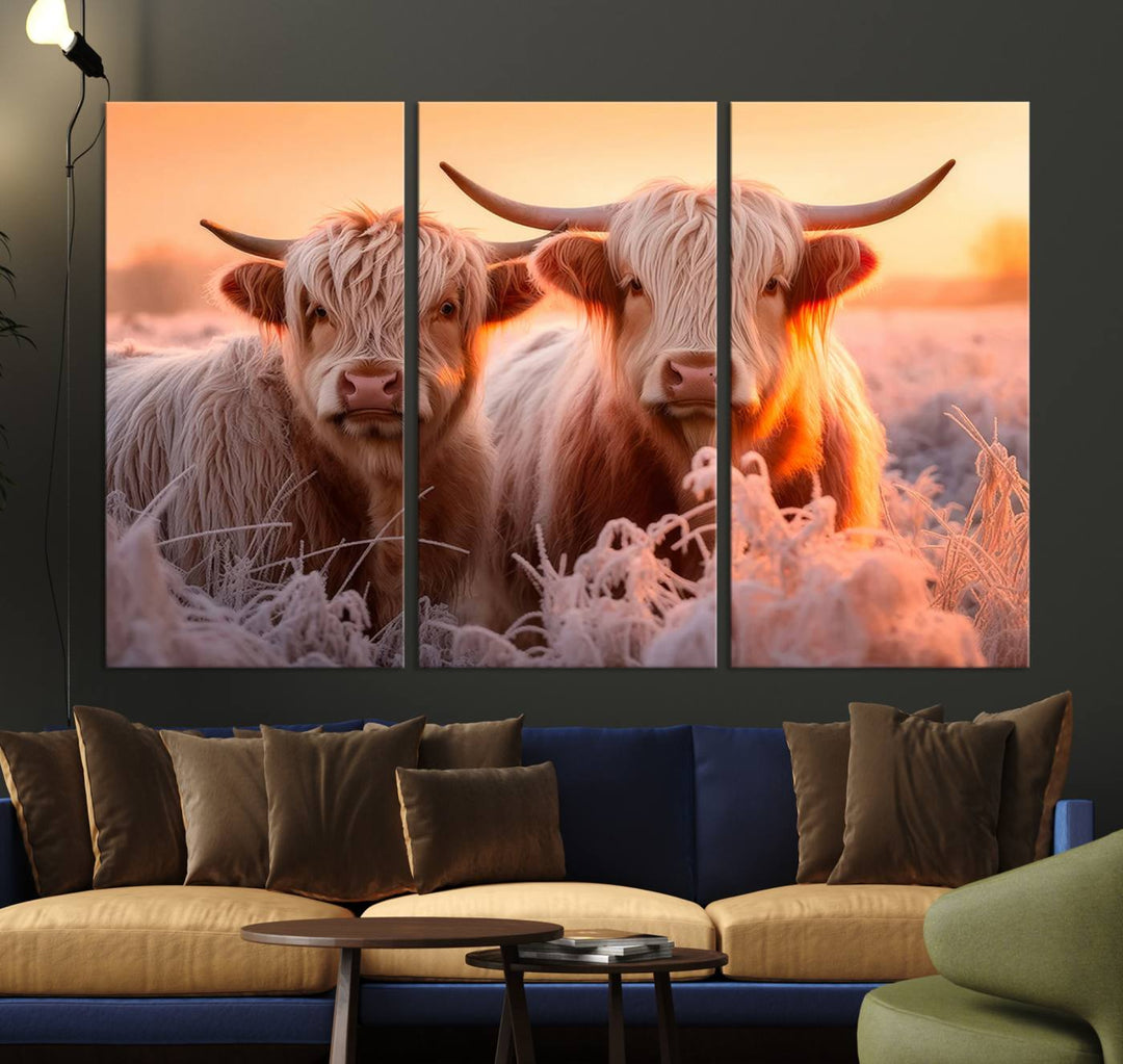 Scottish Cow and Baby Cow Canvas Wall Art Animal Print Fluffy Cattle Framed Farmhouse Decor