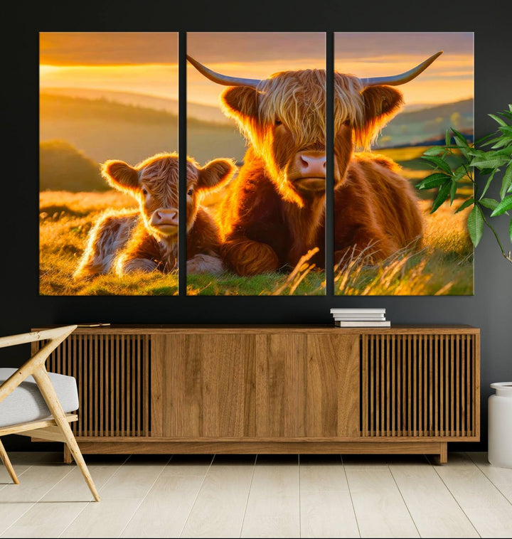 Scottish Cow and Baby Cow Canvas Wall Art Animal Print Fluffy Cattle Framed Farmhouse Decor