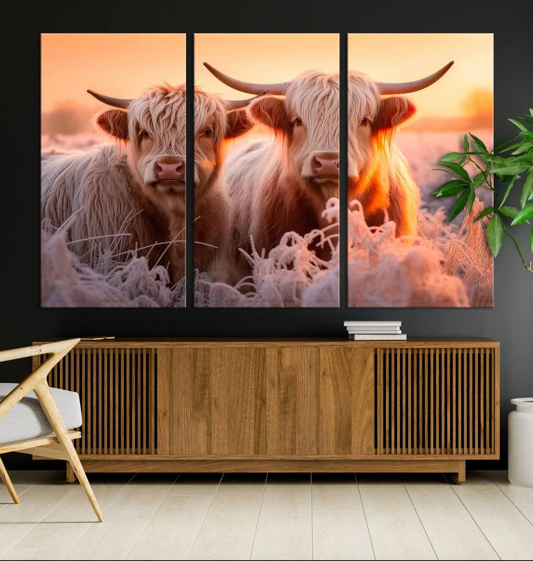 Scottish Cow and Baby Cow Canvas Wall Art Animal Print Fluffy Cattle Framed Farmhouse Decor