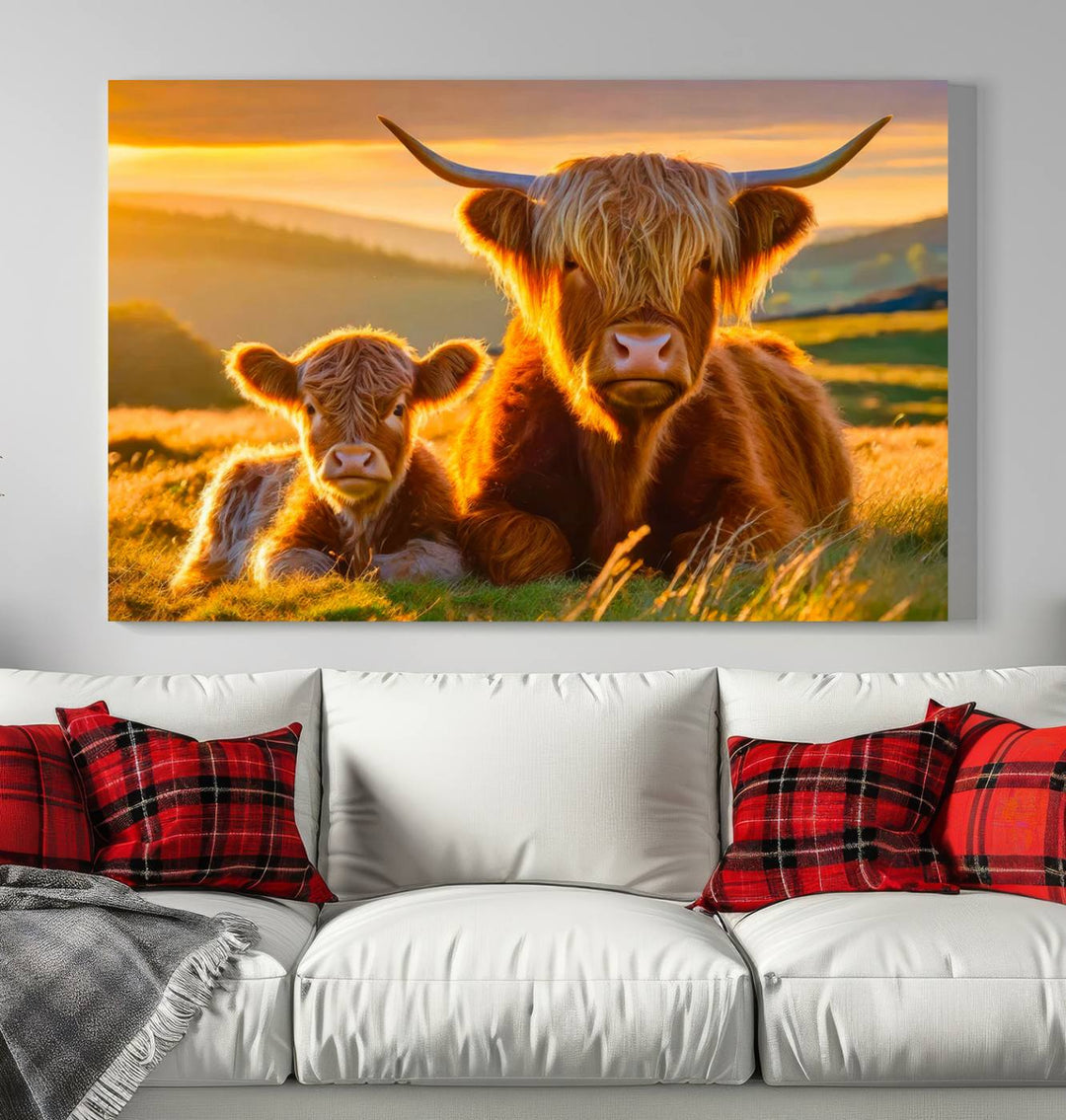 Scottish Cow and Baby Cow Canvas Wall Art Animal Print Fluffy Cattle Framed Farmhouse Decor