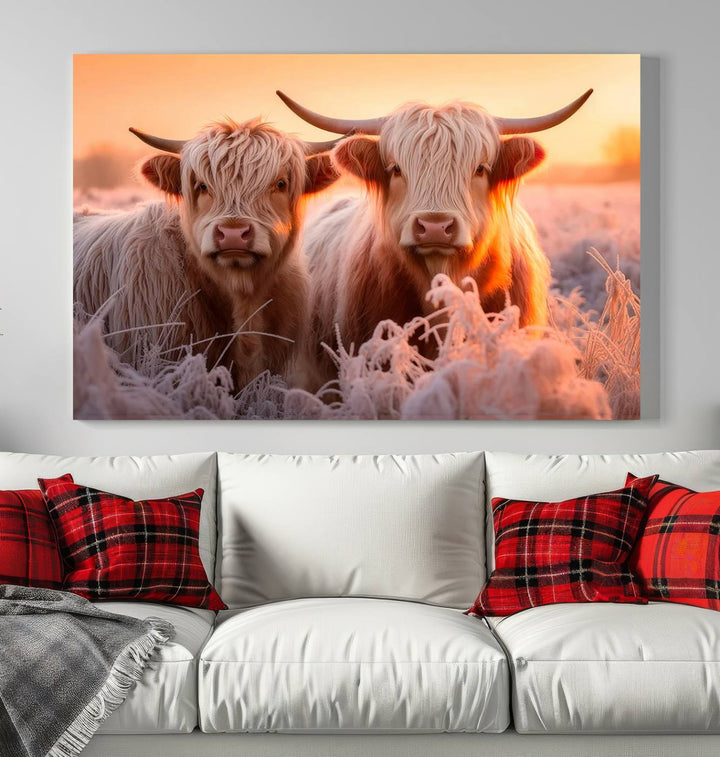 Scottish Cow and Baby Cow Canvas Wall Art Animal Print Fluffy Cattle Framed Farmhouse Decor