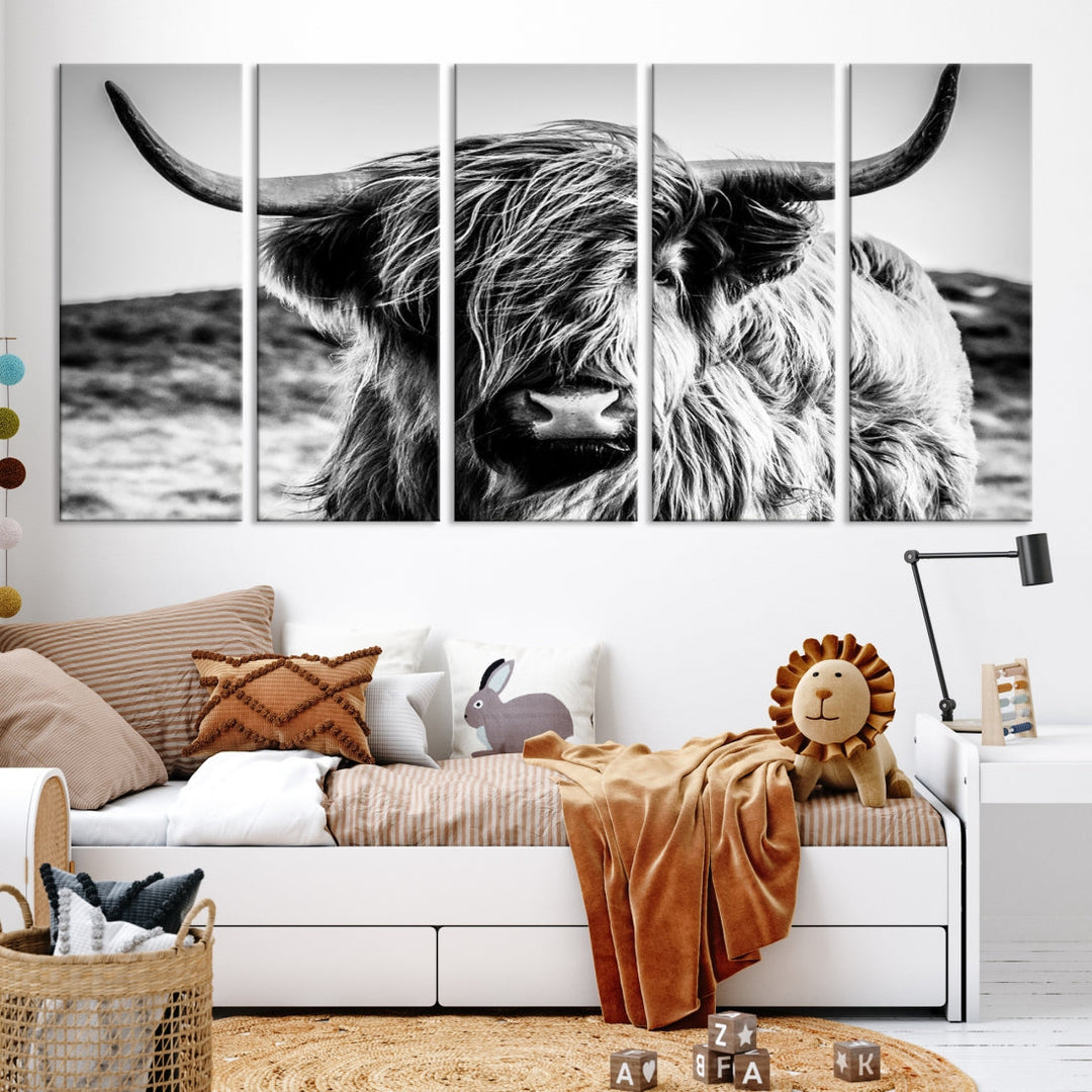 Handsome Scottish Cow Black and White Wall Decor Canvas Art Print Extra Large Wall Art Highland Cattle Canvas Picture Animal Art Nature Photography High Quality Original Canvas Framed Ready to Hang