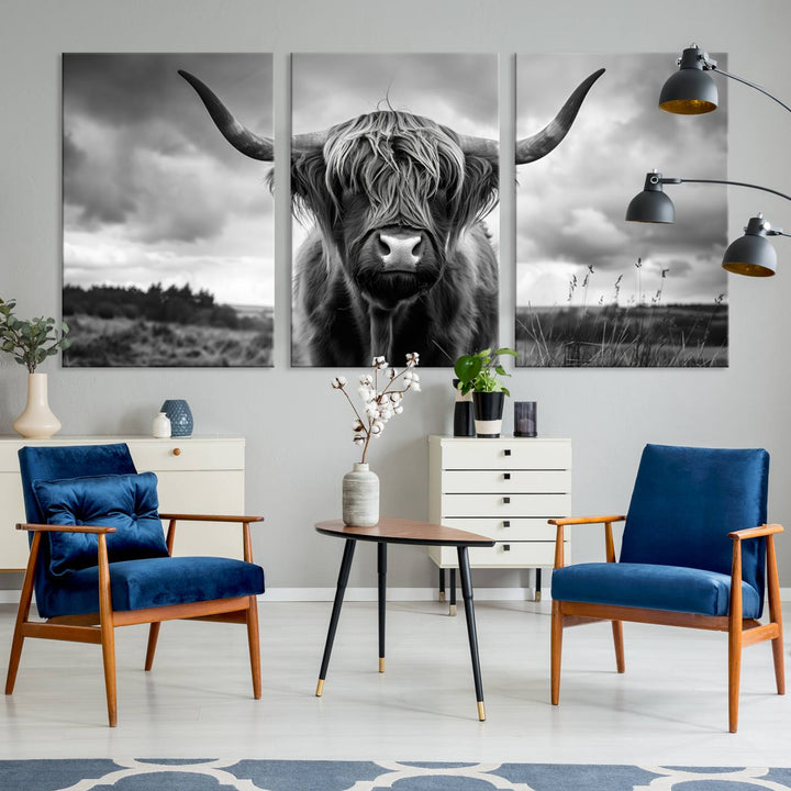 Scottish Highland Cow Longhorn Canvas Wall Art Print, Large Highland Cow Horn Wall Art Canvas Print for Living Room, Modern Farmhouse Decor