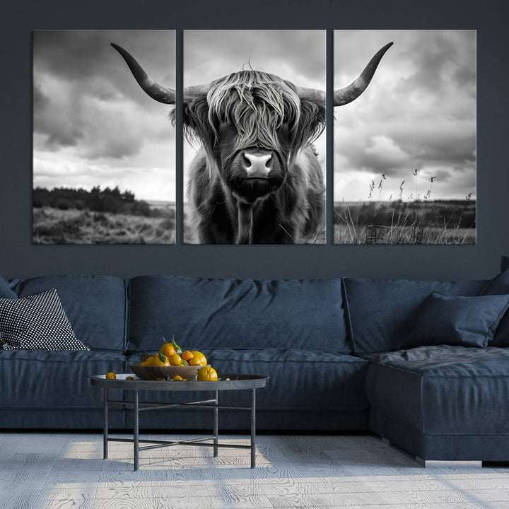 Scottish Highland Cow Longhorn Canvas Wall Art Print, Large Highland Cow Horn Wall Art Canvas Print for Living Room, Modern Farmhouse Decor