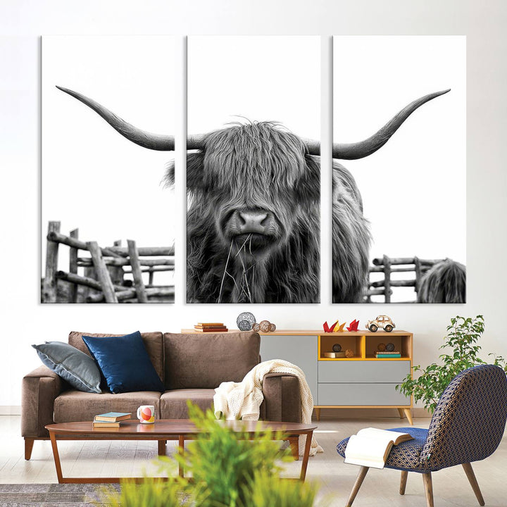 Scottish Highland Cow Wall Art Canvas Print - Black and White Highland Cow Canvas Print, Modern Western Decor for Living Room or Office, Ready to Hang