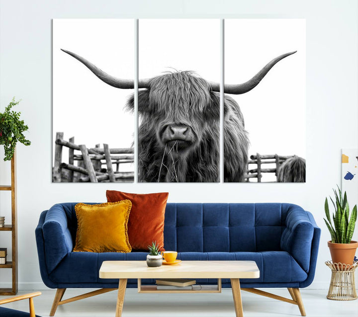 Scottish Highland Cow Wall Art Canvas Print - Black and White Highland Cow Canvas Print, Modern Western Decor for Living Room or Office, Ready to Hang