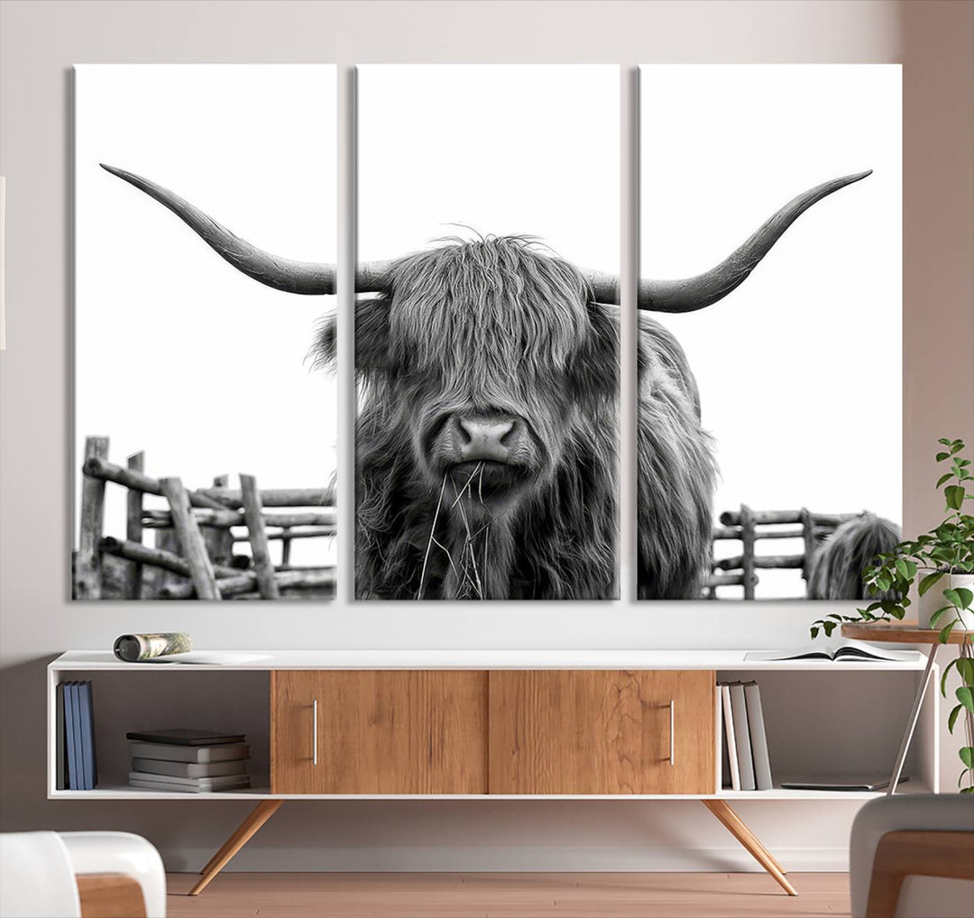 Scottish Highland Cow Wall Art Canvas Print - Black and White Highland Cow Canvas Print, Modern Western Decor for Living Room or Office, Ready to Hang