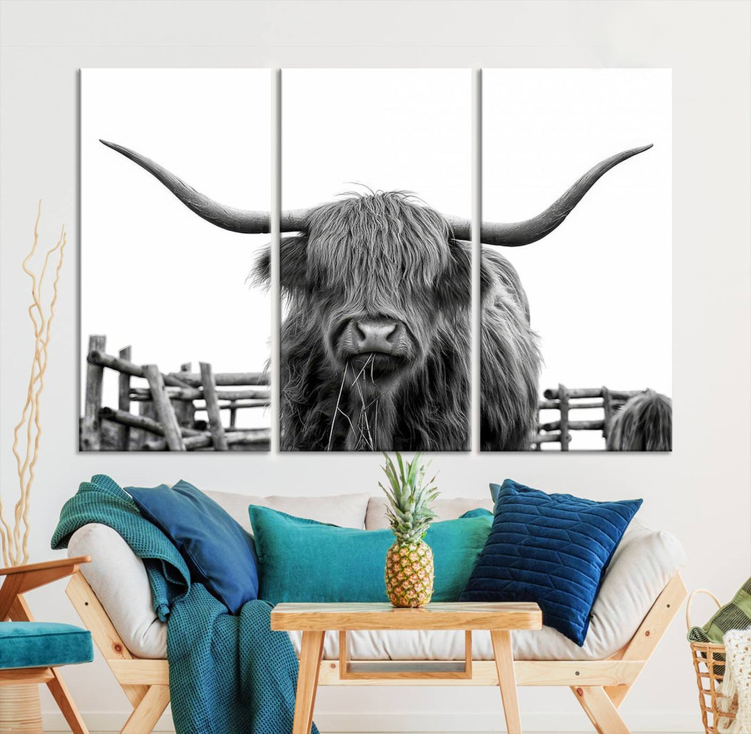 Scottish Highland Cow Wall Art Canvas Print - Black and White Highland Cow Canvas Print, Modern Western Decor for Living Room or Office, Ready to Hang