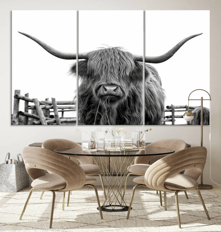 Scottish Highland Cow Wall Art Canvas Print - Black and White Highland Cow Canvas Print, Modern Western Decor for Living Room or Office, Ready to Hang