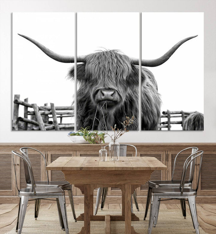 Scottish Highland Cow Wall Art Canvas Print - Black and White Highland Cow Canvas Print, Modern Western Decor for Living Room or Office, Ready to Hang