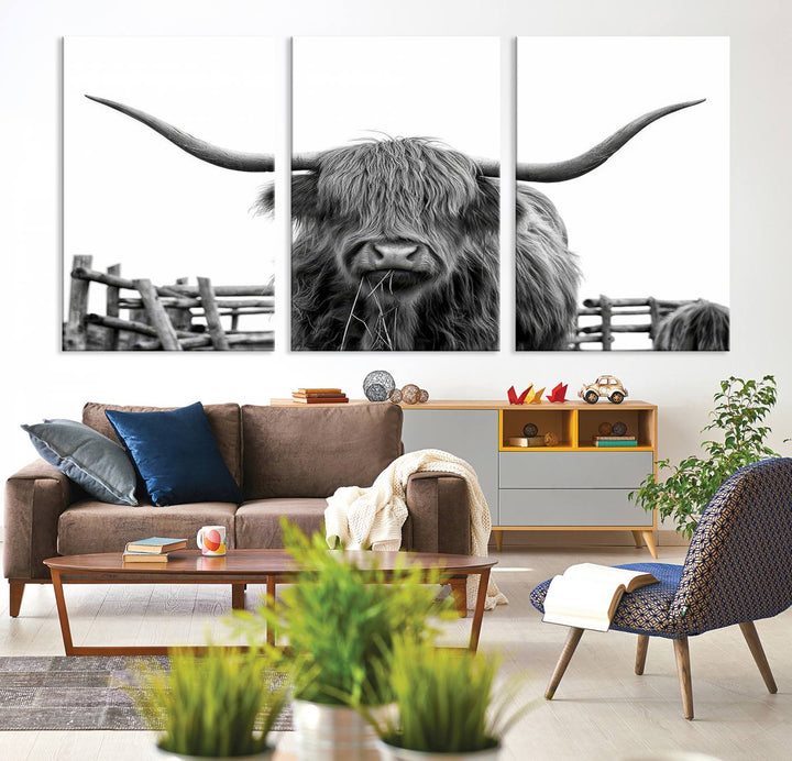 Scottish Highland Cow Wall Art Canvas Print - Black and White Highland Cow Canvas Print, Modern Western Decor for Living Room or Office, Ready to Hang